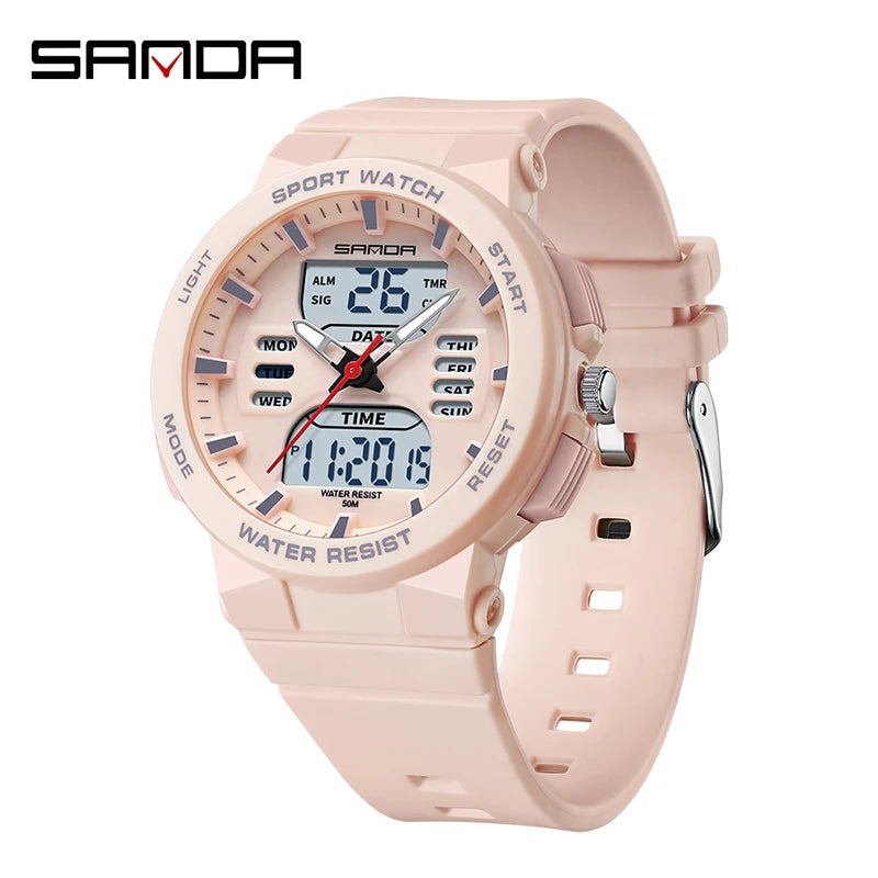 SANDA 6185 LED Digital Sport Watch Casual Ladies Dual Display Women Girl Military Waterproof Quartz shockproof Wristwatches Lady