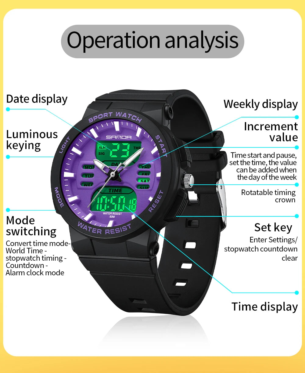 SANDA 6185 LED Digital Sport Watch Casual Ladies Dual Display Women Girl Military Waterproof Quartz shockproof Wristwatches Lady