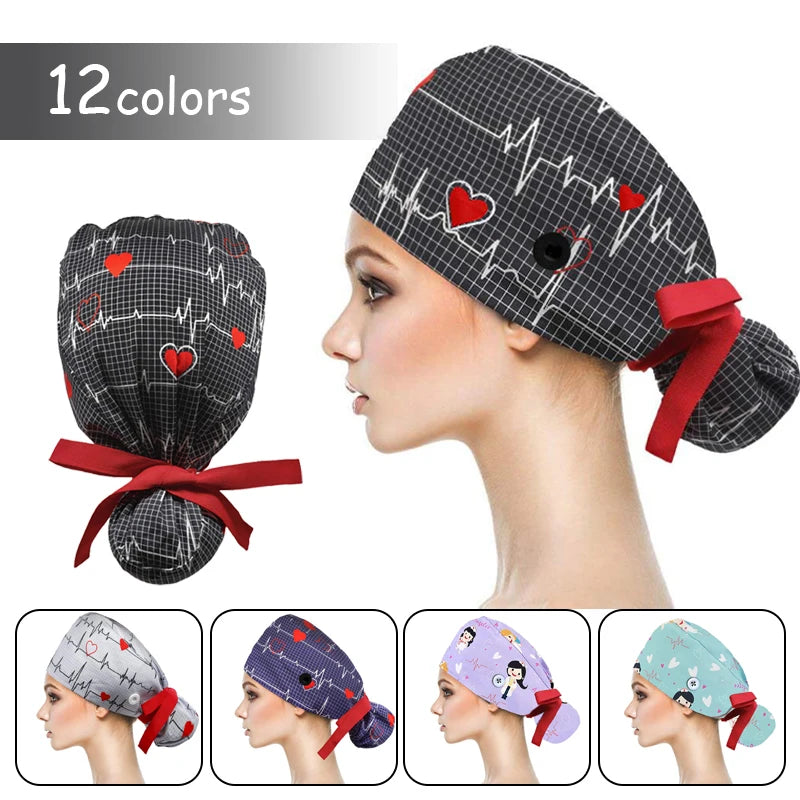 Adjustable Pet Shop Scrub Cap Buttons Bouffant Hat With Sweatband Beauty Lab Work Cap Nursing Cap for Women Long Hair Nurse Hat