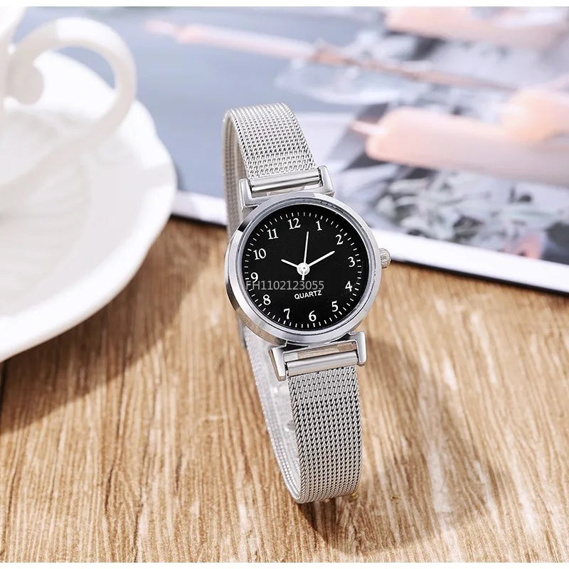 Simplicity Style Korean Women Student Watch Digital Compact Small Dial Stainless Steel Mesh Strap Quartz Sliver Wristwatch New