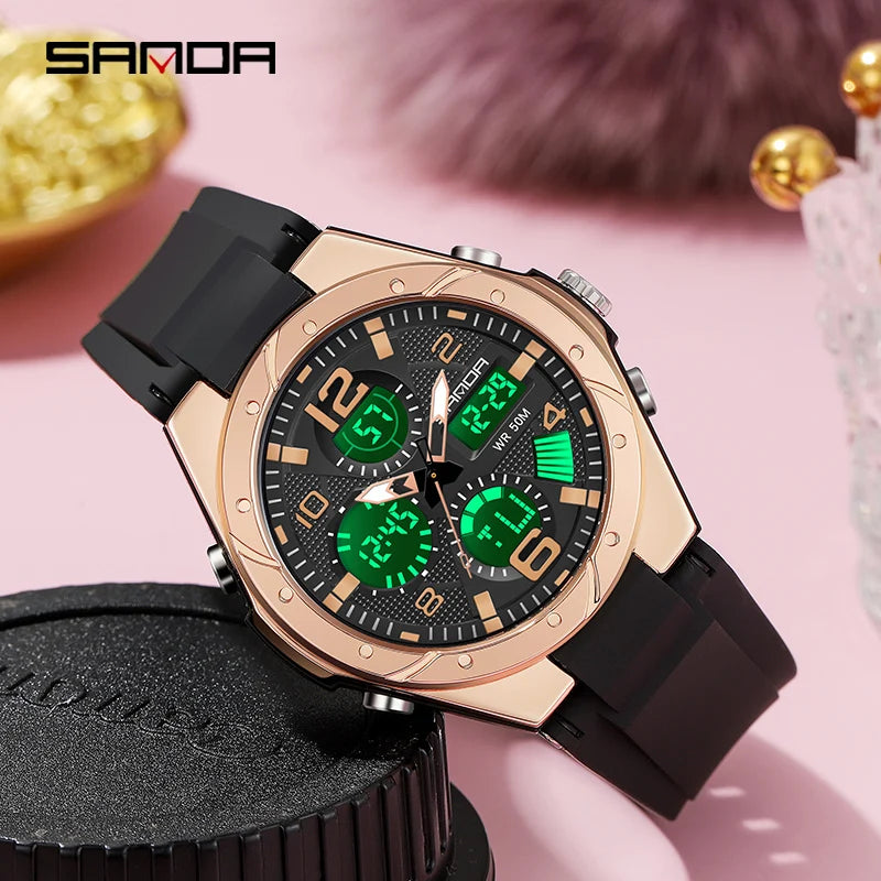 SANDA 6062 Luxury New Ms. LED Digital Sport Watch Fashion Casual Women Girl Military 50M Waterproof Quartz Ms. Wristwatches