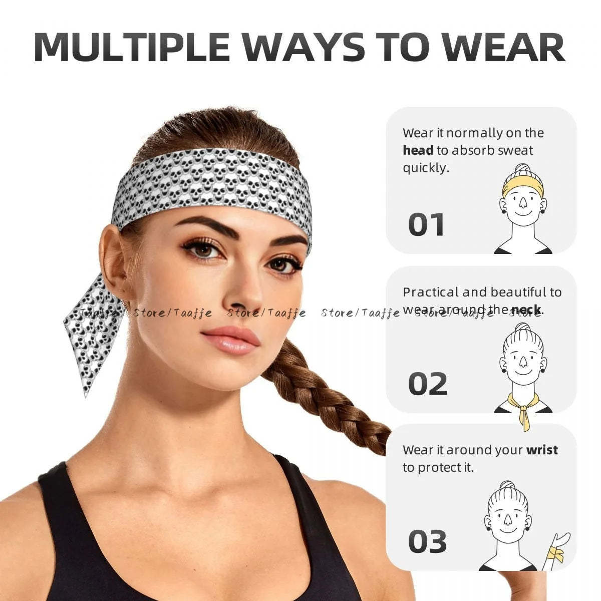 Head Tie Sports Headband Hand Drawn Skulls Athlete Sweatbands Head Wrap For Working Out Running Yoga