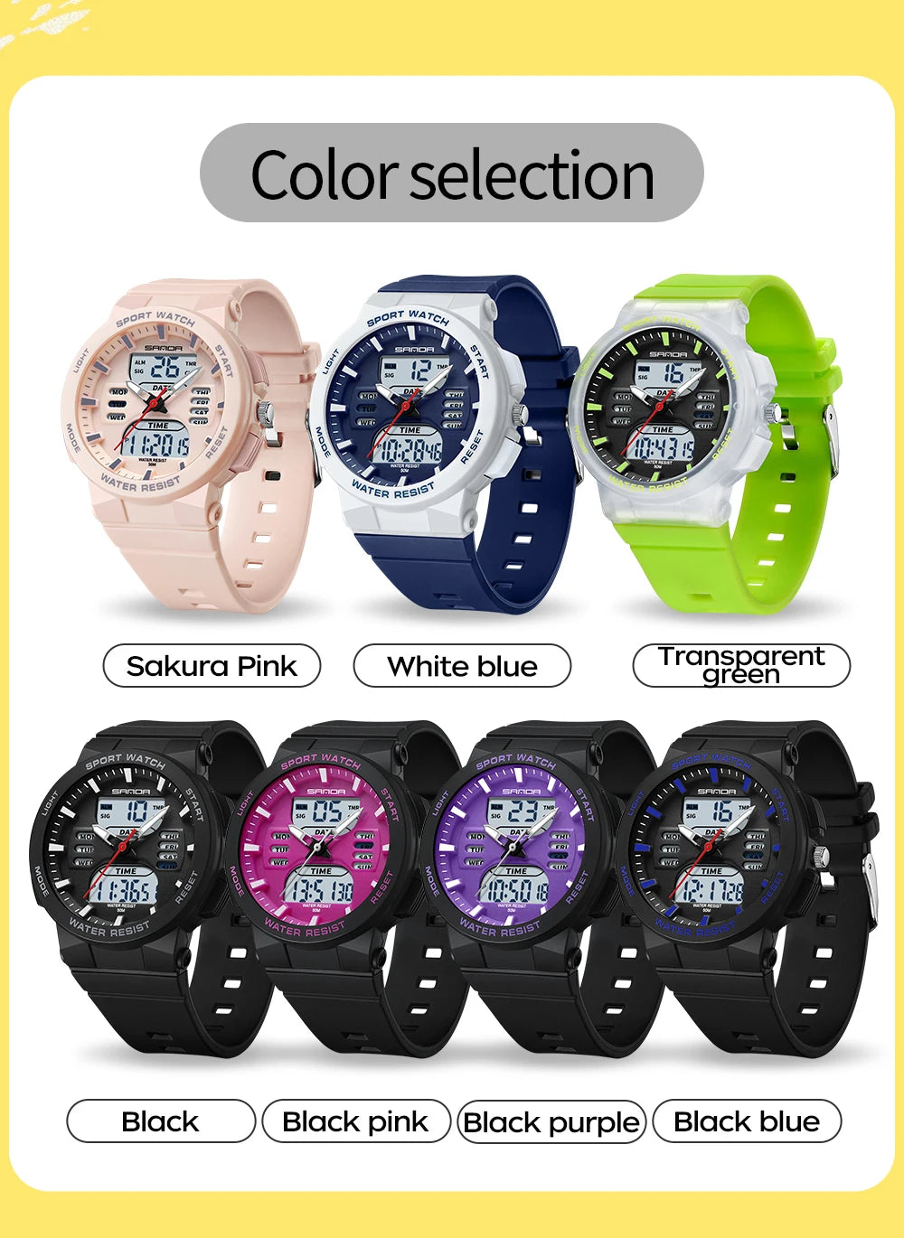 SANDA 6185 LED Digital Sport Watch Casual Ladies Dual Display Women Girl Military Waterproof Quartz shockproof Wristwatches Lady