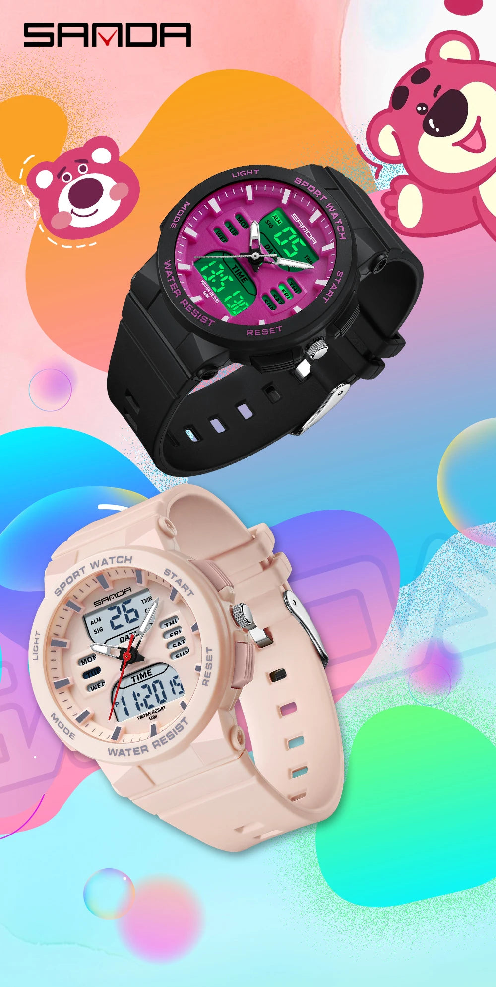 SANDA 6185 LED Digital Sport Watch Casual Ladies Dual Display Women Girl Military Waterproof Quartz shockproof Wristwatches Lady