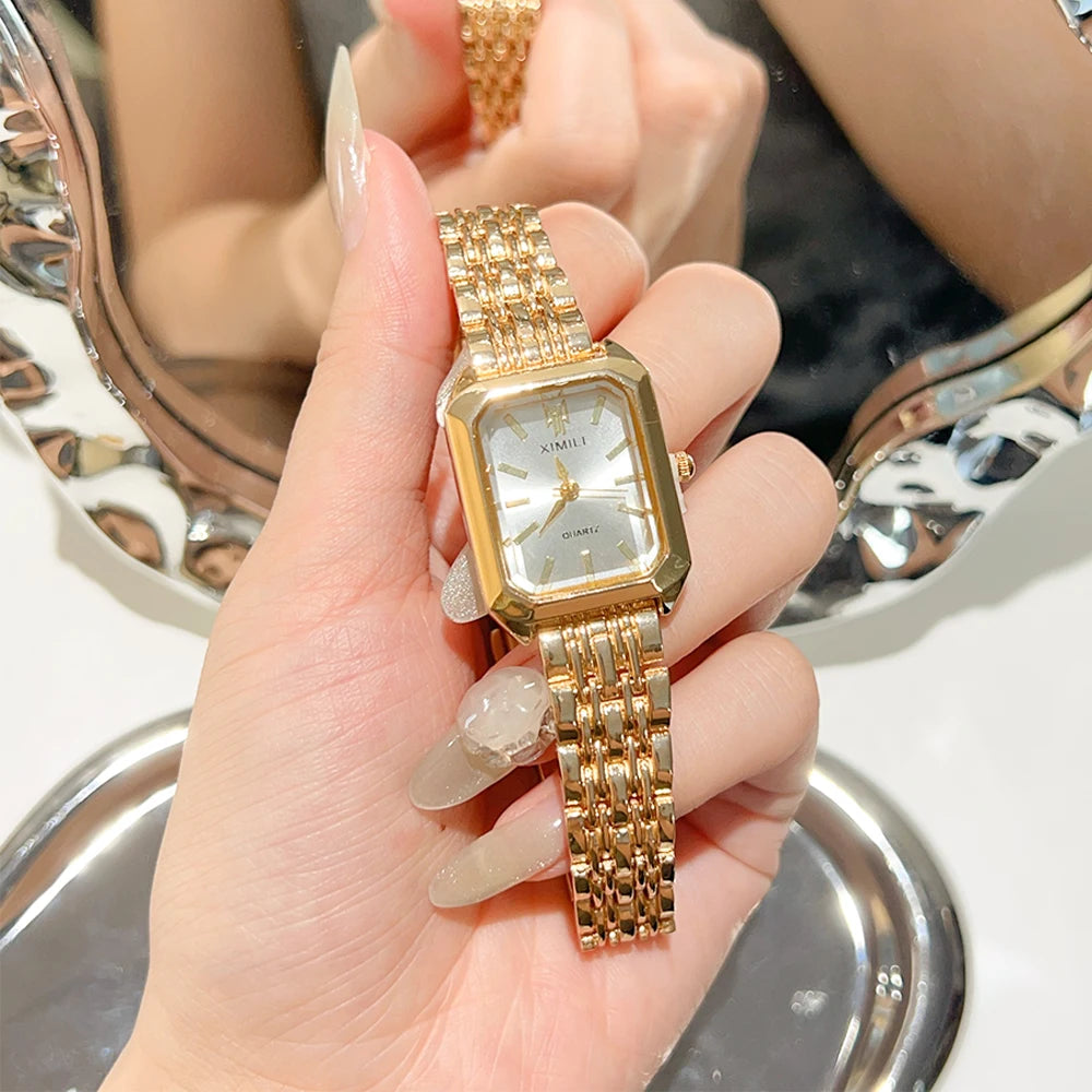 Luxury Ladies Fashion Quartz Watch Simple Scale Square Quality Gold Plated Women Watches Business Stainless Steel Folding Clock