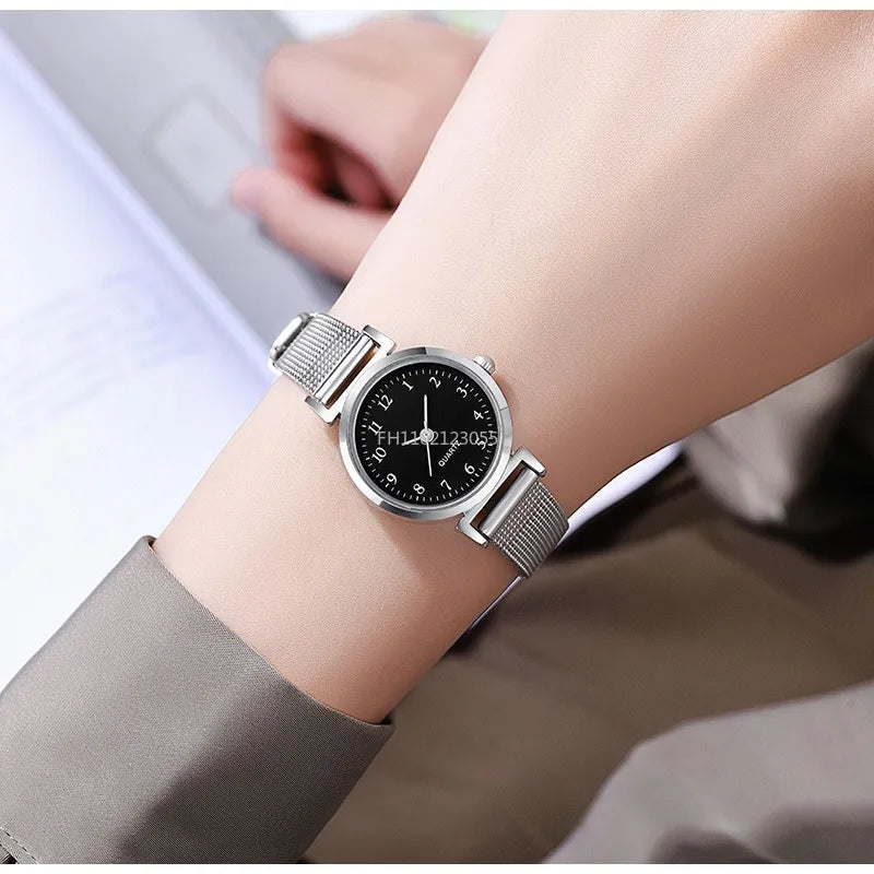 Simplicity Style Korean Women Student Watch Digital Compact Small Dial Stainless Steel Mesh Strap Quartz Sliver Wristwatch New