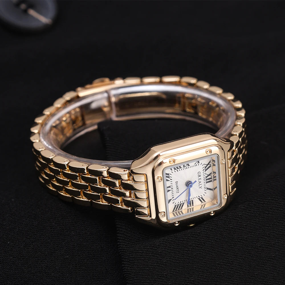 Luxury Ladies Fashion Quartz Watch Simple Scale Square Quality Gold Plated Women Watches Business Stainless Steel Folding Clock