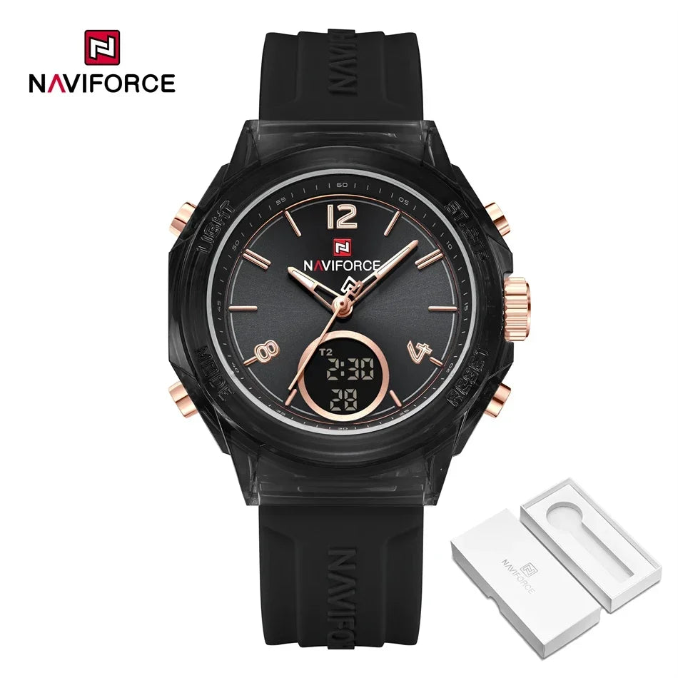 NAVIFORCE Quartz Watch for Ladies Fashion Women's Dual Display Watches Quartz Waterproof Silicone Luminous Wristwatch Women Gift