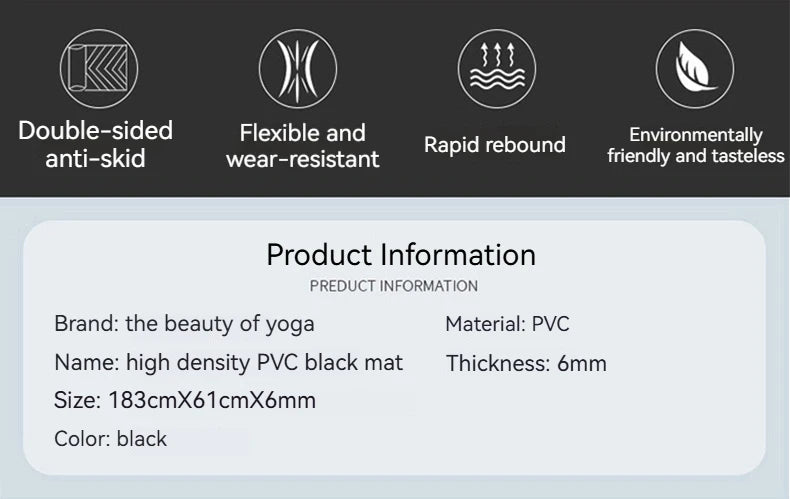 PVC High Density Yoga Mat Extra Large Wide Non-Slip Fitness Black Mat 6mm Fitness Sports Products Yoga Mat