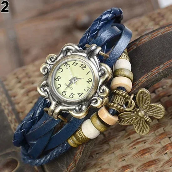 Women's Casual Vintage Multilayer Butterfly Faux Leather Bracelet Wrist Watch Ladies Female Clock Montre Femme Relogios 2023 Hot