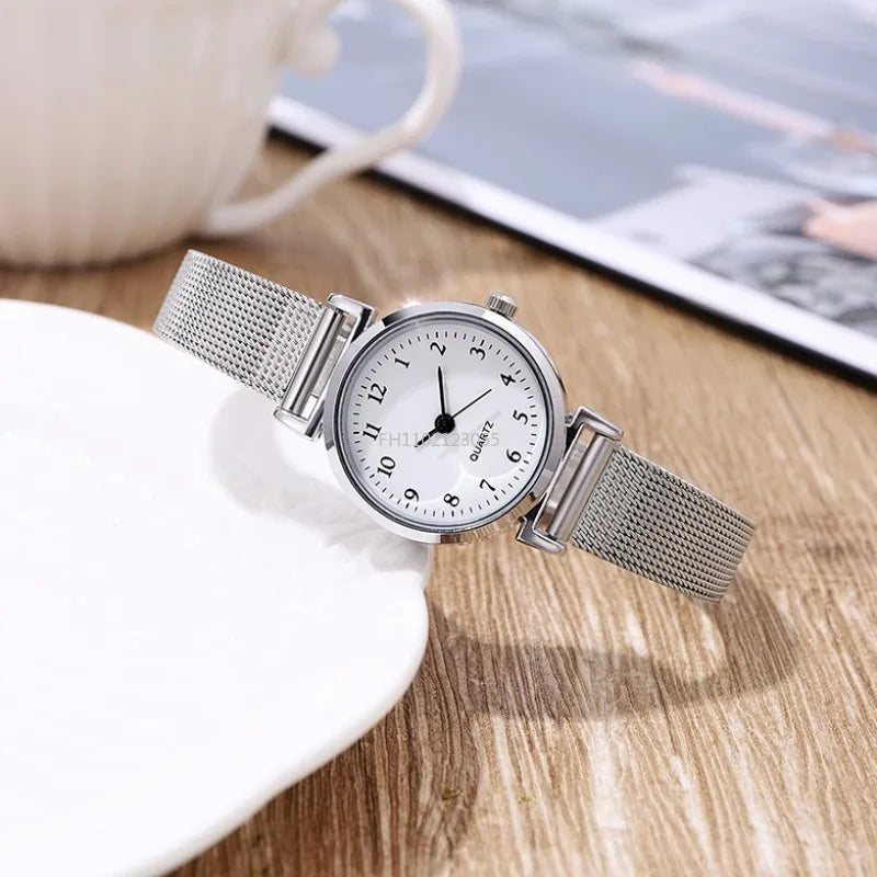 Simplicity Style Korean Women Student Watch Digital Compact Small Dial Stainless Steel Mesh Strap Quartz Sliver Wristwatch New