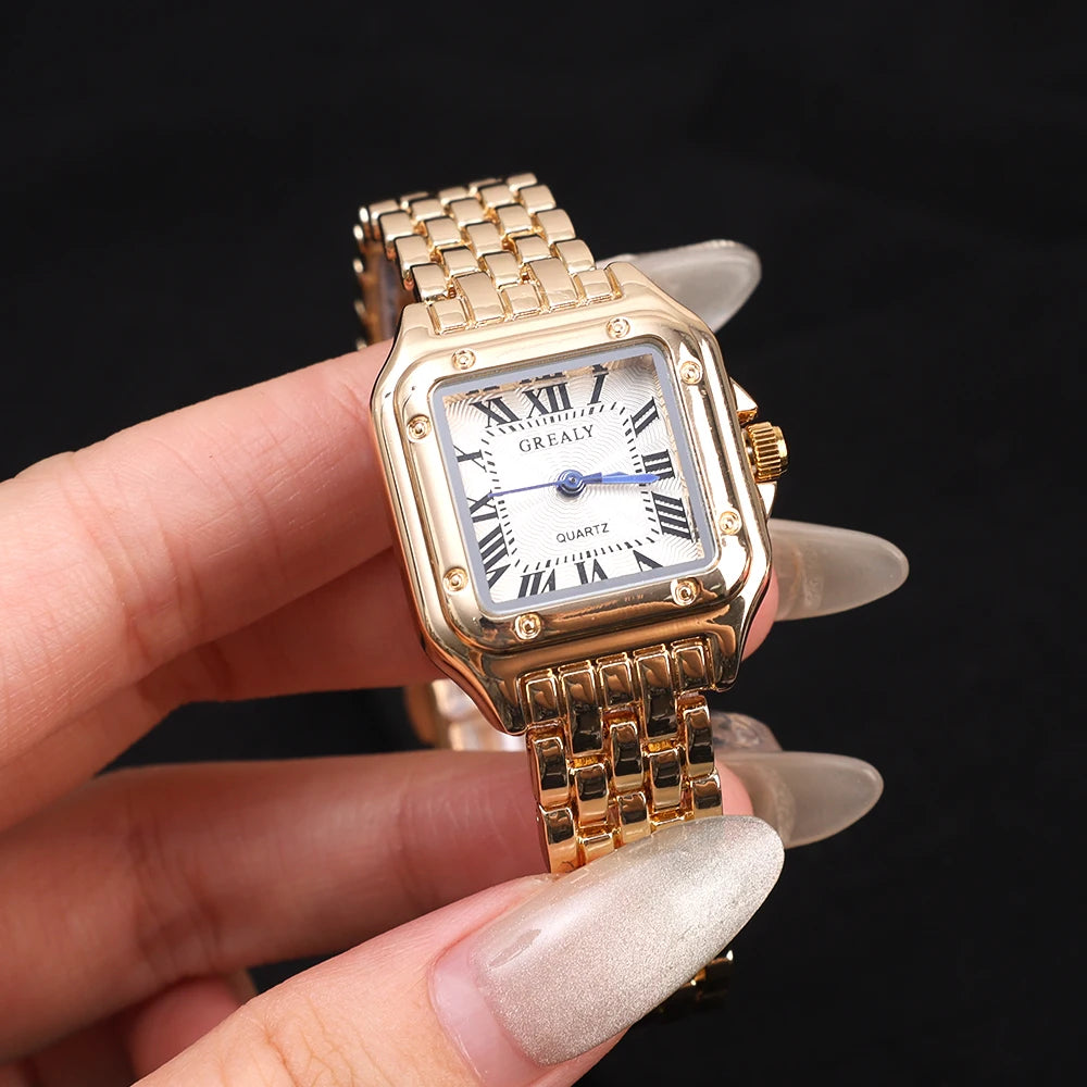 Luxury Ladies Fashion Quartz Watch Simple Scale Square Quality Gold Plated Women Watches Business Stainless Steel Folding Clock