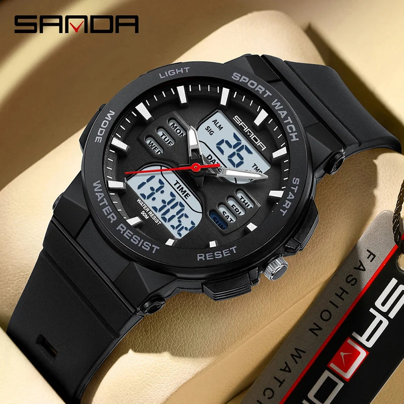 SANDA 6185 LED Digital Sport Watch Casual Ladies Dual Display Women Girl Military Waterproof Quartz shockproof Wristwatches Lady