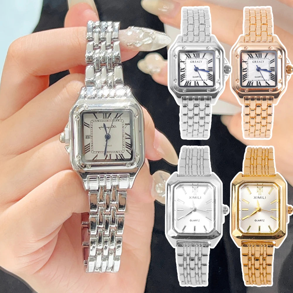 Luxury Ladies Fashion Quartz Watch Simple Scale Square Quality Gold Plated Women Watches Business Stainless Steel Folding Clock