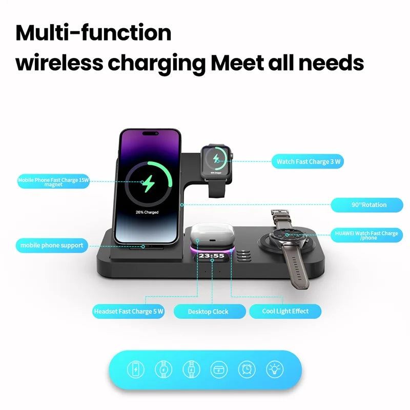 Digital Clock Wireless Charger Stand for Iphone Samsung Atmosphere Light Charging Station for Airpods Pro Huawei Apple Watch