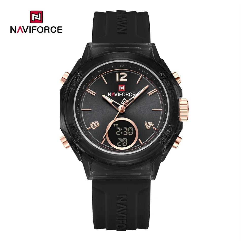 NAVIFORCE Quartz Watch for Ladies Fashion Women's Dual Display Watches Quartz Waterproof Silicone Luminous Wristwatch Women Gift