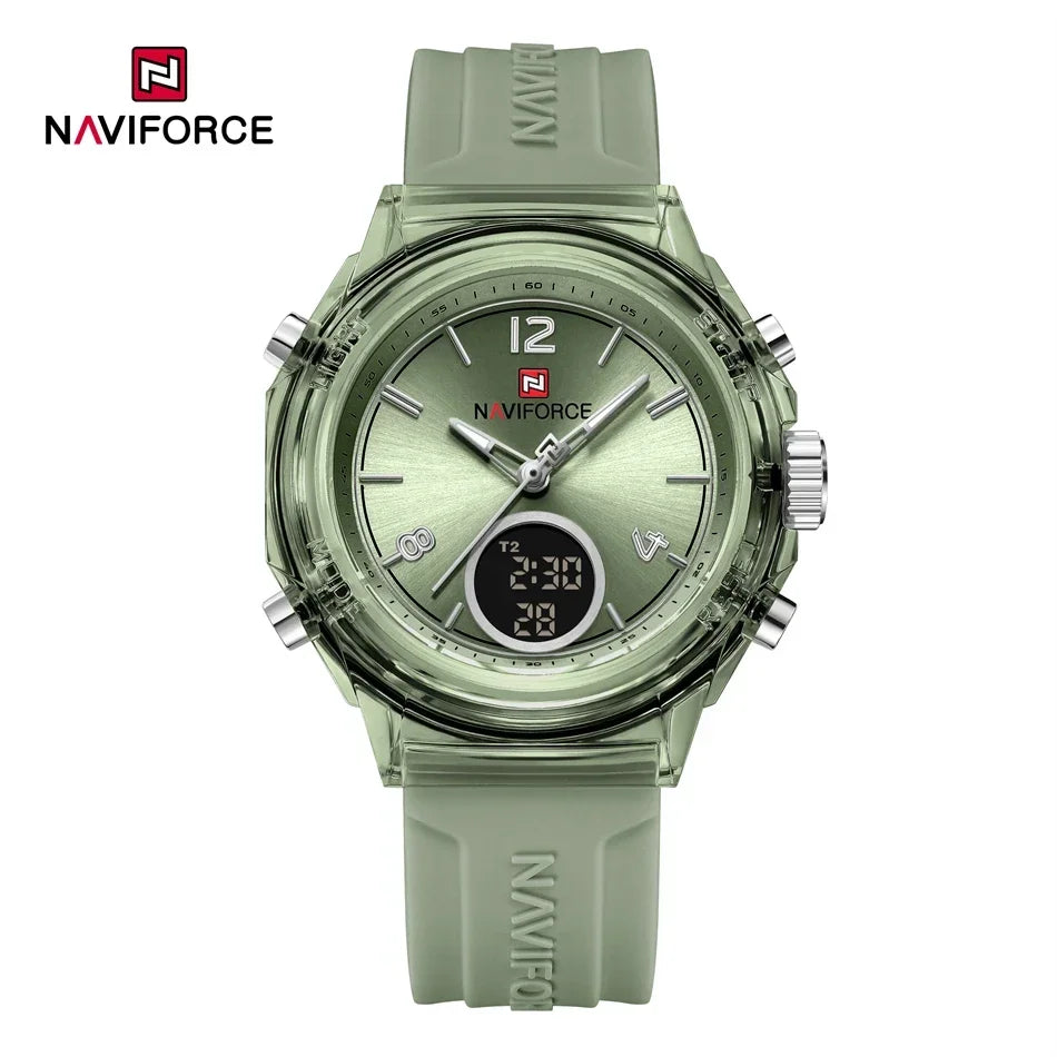 NAVIFORCE Quartz Watch for Ladies Fashion Women's Dual Display Watches Quartz Waterproof Silicone Luminous Wristwatch Women Gift