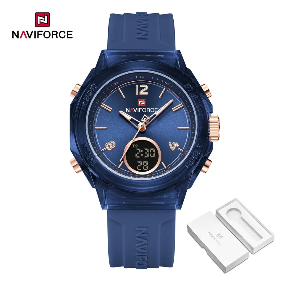 NAVIFORCE Quartz Watch for Ladies Fashion Women's Dual Display Watches Quartz Waterproof Silicone Luminous Wristwatch Women Gift