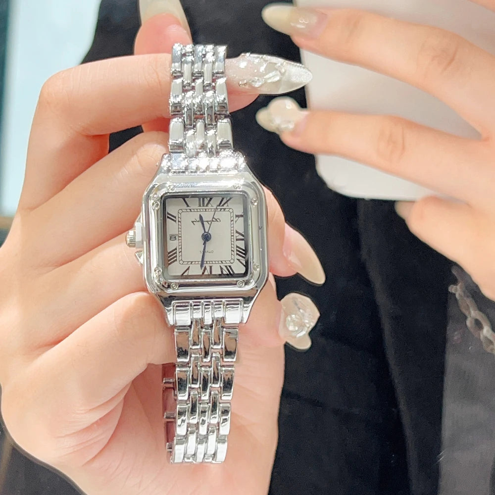 Luxury Ladies Fashion Quartz Watch Simple Scale Square Quality Gold Plated Women Watches Business Stainless Steel Folding Clock