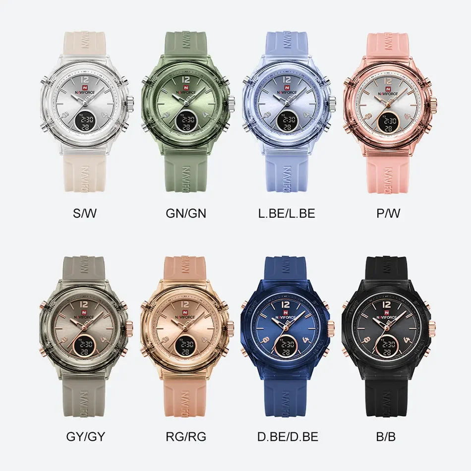 NAVIFORCE Quartz Watch for Ladies Fashion Women's Dual Display Watches Quartz Waterproof Silicone Luminous Wristwatch Women Gift