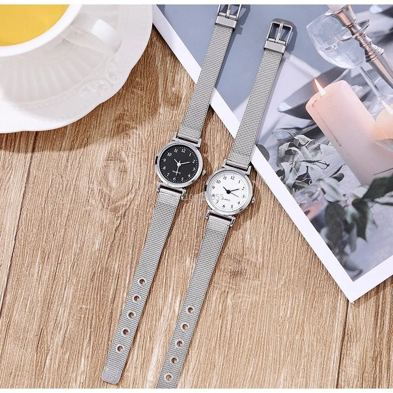 Simplicity Style Korean Women Student Watch Digital Compact Small Dial Stainless Steel Mesh Strap Quartz Sliver Wristwatch New