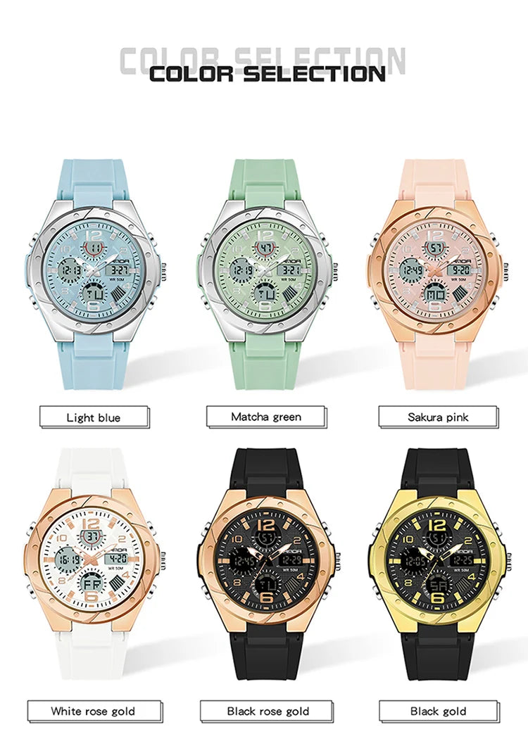 SANDA 6062 Luxury New Ms. LED Digital Sport Watch Fashion Casual Women Girl Military 50M Waterproof Quartz Ms. Wristwatches