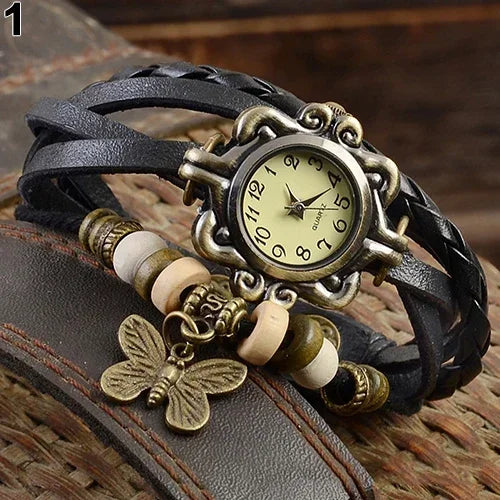 Women's Casual Vintage Multilayer Butterfly Faux Leather Bracelet Wrist Watch Ladies Female Clock Montre Femme Relogios 2023 Hot