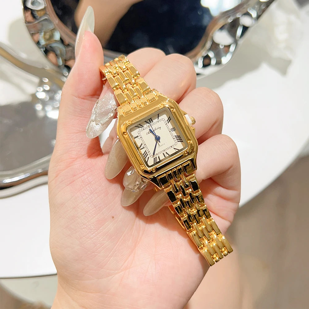 Luxury Ladies Fashion Quartz Watch Simple Scale Square Quality Gold Plated Women Watches Business Stainless Steel Folding Clock