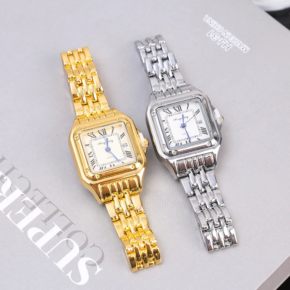 Luxury Ladies Fashion Quartz Watch Simple Scale Square Quality Gold Plated Women Watches Business Stainless Steel Folding Clock