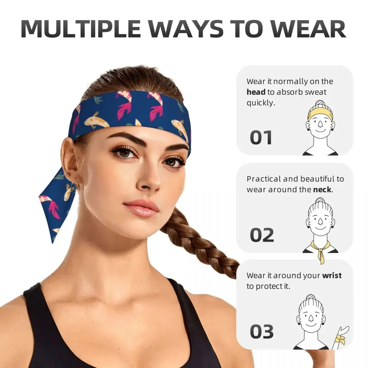 Tie Headbands Hand Drawn Colours Fish Sports Head Band Athletic Sweatband Bandana Sweat Wicking