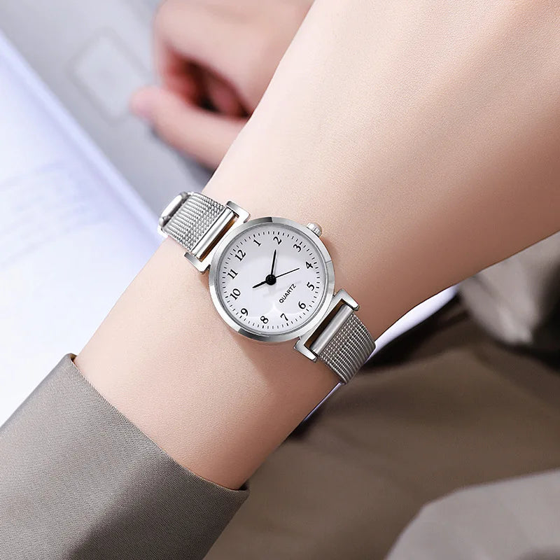 Simplicity Style Korean Women Student Watch Digital Compact Small Dial Stainless Steel Mesh Strap Quartz Sliver Wristwatch New