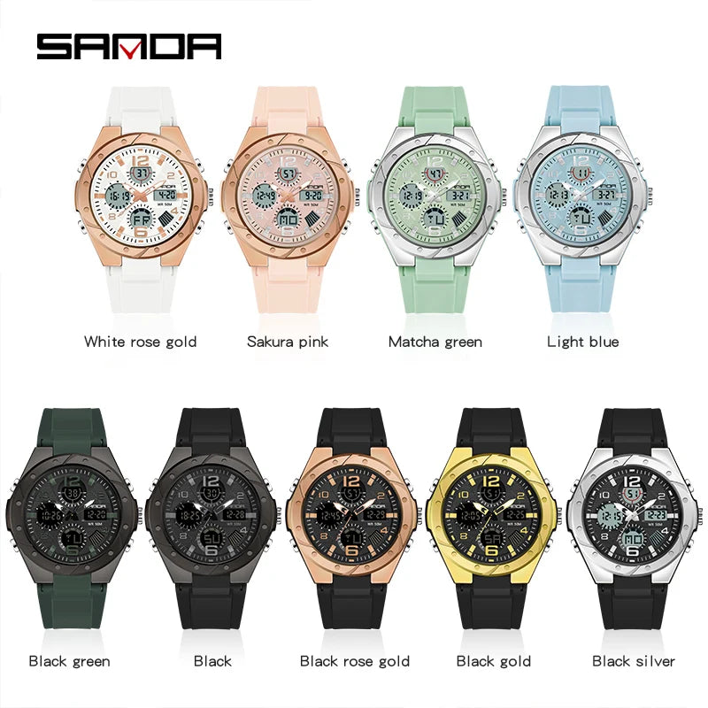 SANDA 6062 Luxury New Ms. LED Digital Sport Watch Fashion Casual Women Girl Military 50M Waterproof Quartz Ms. Wristwatches