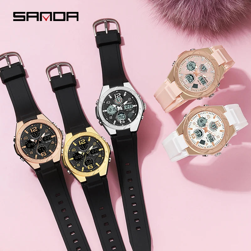 SANDA 6062 Luxury New Ms. LED Digital Sport Watch Fashion Casual Women Girl Military 50M Waterproof Quartz Ms. Wristwatches